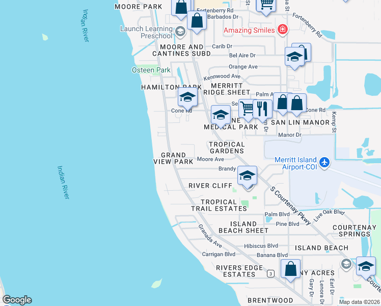 map of restaurants, bars, coffee shops, grocery stores, and more near 765 Sara Jane Lane in Merritt Island