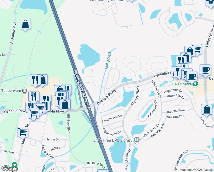 map of restaurants, bars, coffee shops, grocery stores, and more near 113 Coralwood Circle in Kissimmee