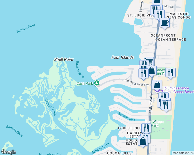 map of restaurants, bars, coffee shops, grocery stores, and more near 178 Saint Croix Avenue in Cocoa Beach