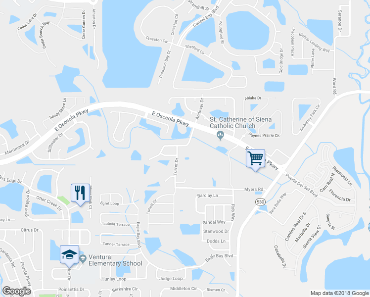 map of restaurants, bars, coffee shops, grocery stores, and more near 2598 Quarter Deck Court in Kissimmee