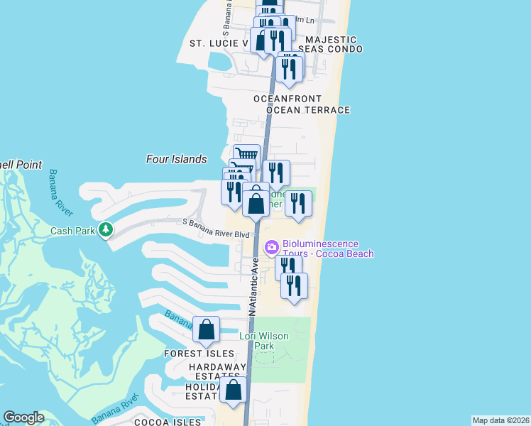 map of restaurants, bars, coffee shops, grocery stores, and more near in Cocoa Beach