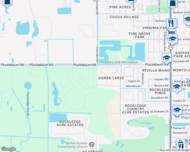 map of restaurants, bars, coffee shops, grocery stores, and more near 1255 Sangria Circle in Rockledge