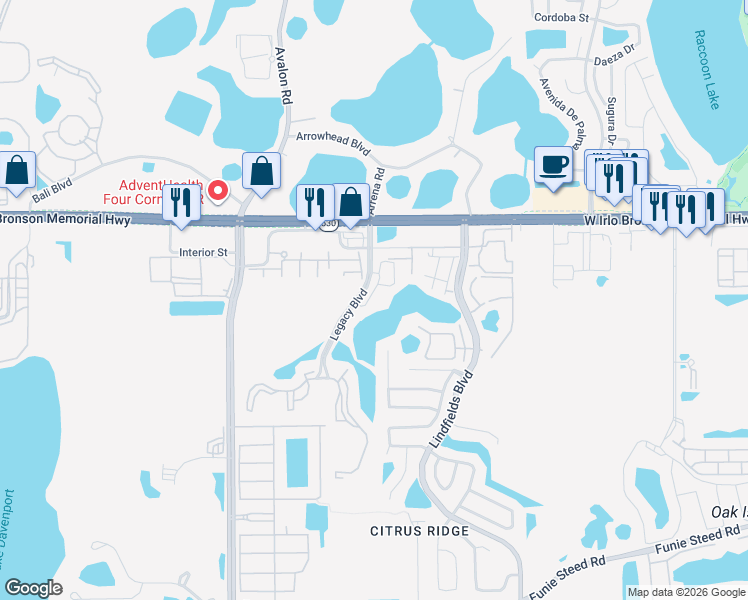 map of restaurants, bars, coffee shops, grocery stores, and more near 3200 Legacy Boulevard in Kissimmee