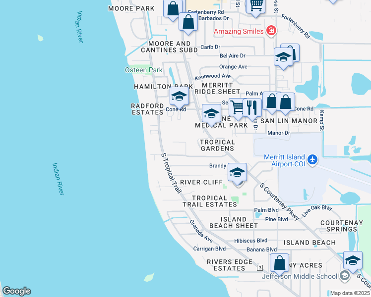 map of restaurants, bars, coffee shops, grocery stores, and more near 765a Sara Jane Lane in Merritt Island