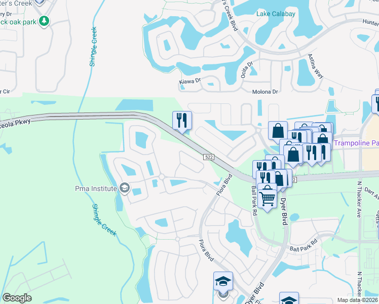 map of restaurants, bars, coffee shops, grocery stores, and more near 3160 River Branch Circle in Kissimmee