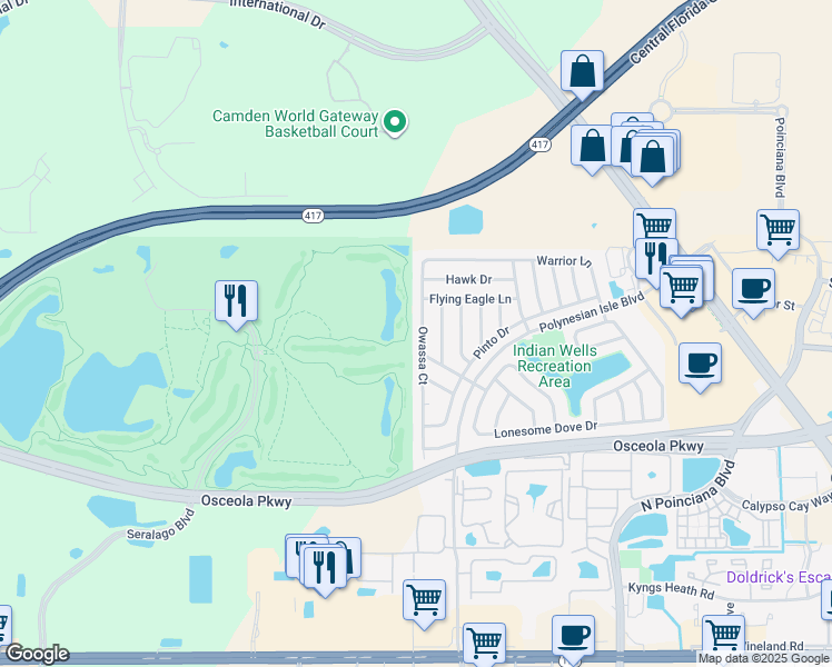 map of restaurants, bars, coffee shops, grocery stores, and more near 3204 Owassa Court in Kissimmee
