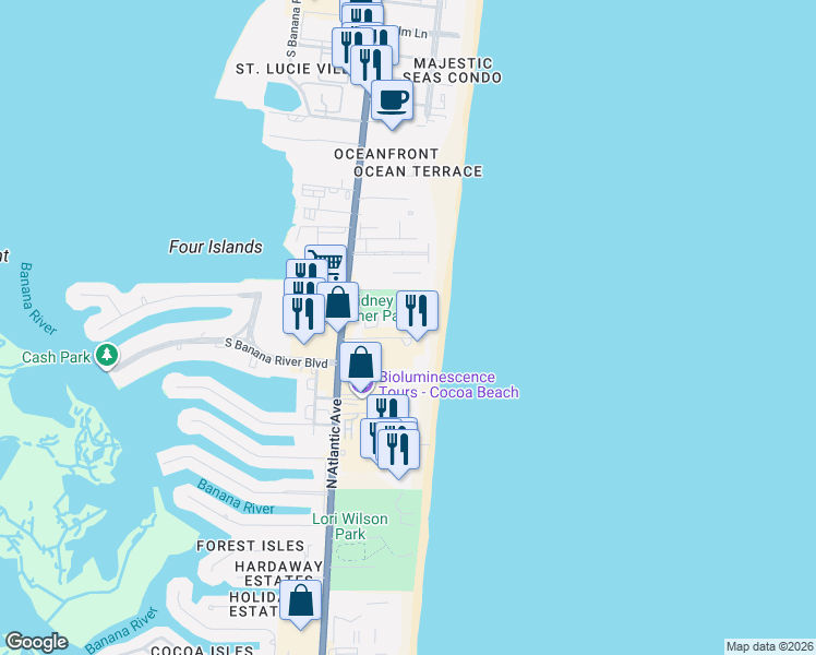 map of restaurants, bars, coffee shops, grocery stores, and more near in Cocoa Beach