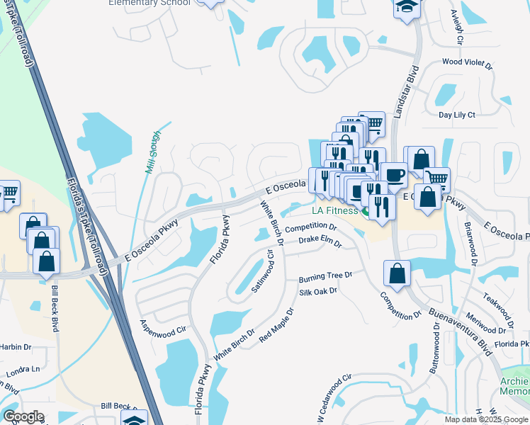map of restaurants, bars, coffee shops, grocery stores, and more near 201 Palmwood Court in Kissimmee