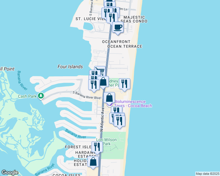 map of restaurants, bars, coffee shops, grocery stores, and more near 2090 North Atlantic Avenue in Cocoa Beach