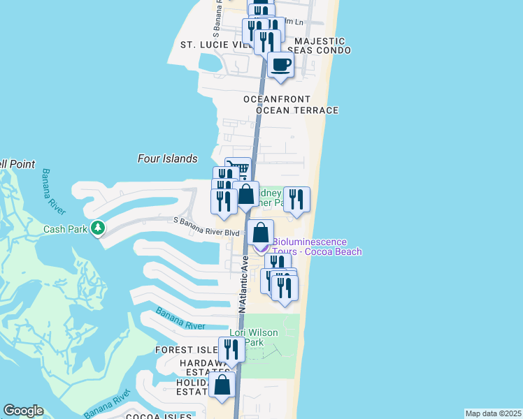 map of restaurants, bars, coffee shops, grocery stores, and more near 2090 North Atlantic Avenue in Cocoa Beach