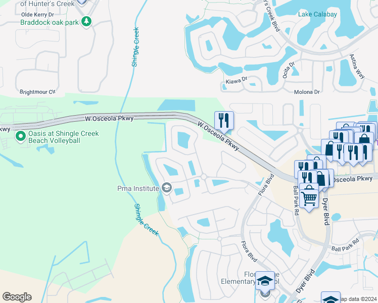 map of restaurants, bars, coffee shops, grocery stores, and more near 3222 Stonehurst Circle in Kissimmee