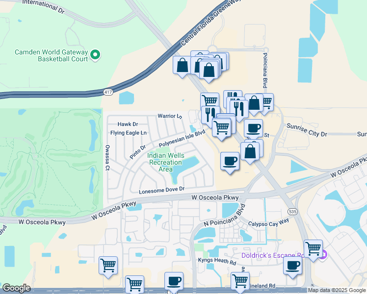map of restaurants, bars, coffee shops, grocery stores, and more near 3320 Smoke Signal Circle in Kissimmee