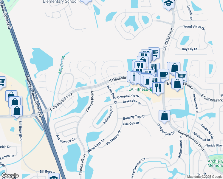 map of restaurants, bars, coffee shops, grocery stores, and more near 201 Palmwood Court in Kissimmee