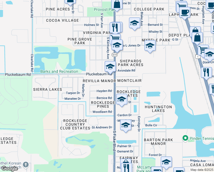 map of restaurants, bars, coffee shops, grocery stores, and more near 1109 South Fiske Boulevard in Rockledge