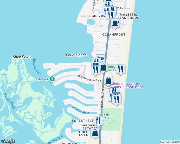 map of restaurants, bars, coffee shops, grocery stores, and more near 125 Bimini Road in Cocoa Beach