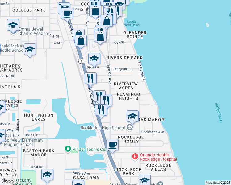 map of restaurants, bars, coffee shops, grocery stores, and more near 130 Bougainvillea Drive in Rockledge