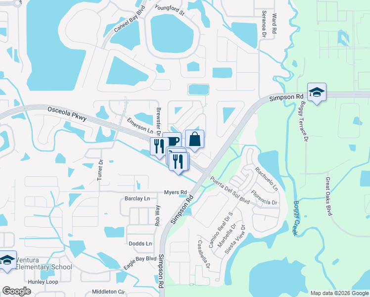 map of restaurants, bars, coffee shops, grocery stores, and more near 2801 Osceola Parkway in Kissimmee