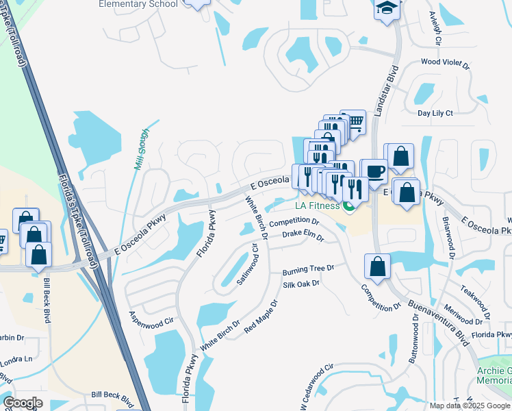 map of restaurants, bars, coffee shops, grocery stores, and more near 201 Palmwood Court in Kissimmee