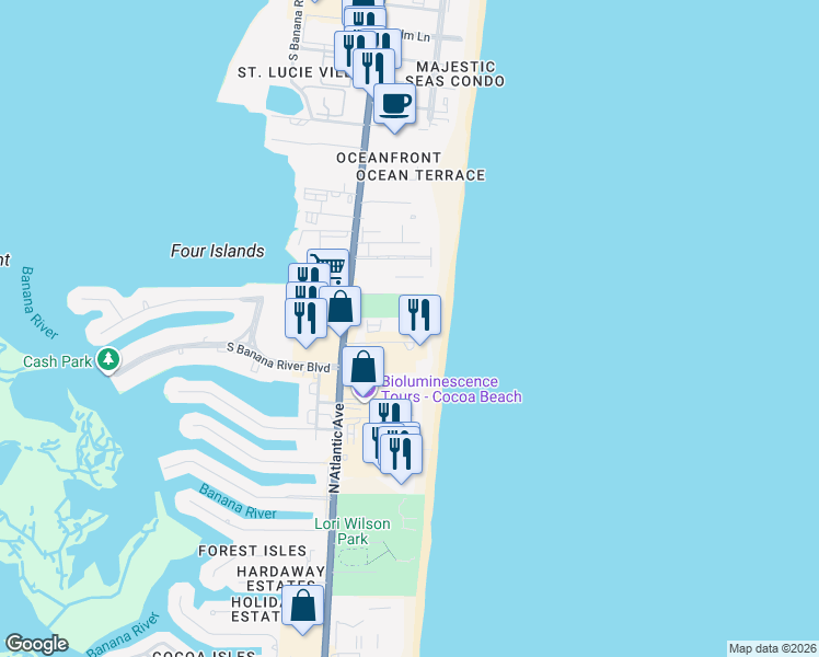 map of restaurants, bars, coffee shops, grocery stores, and more near 2100 North Atlantic Avenue in Cocoa Beach