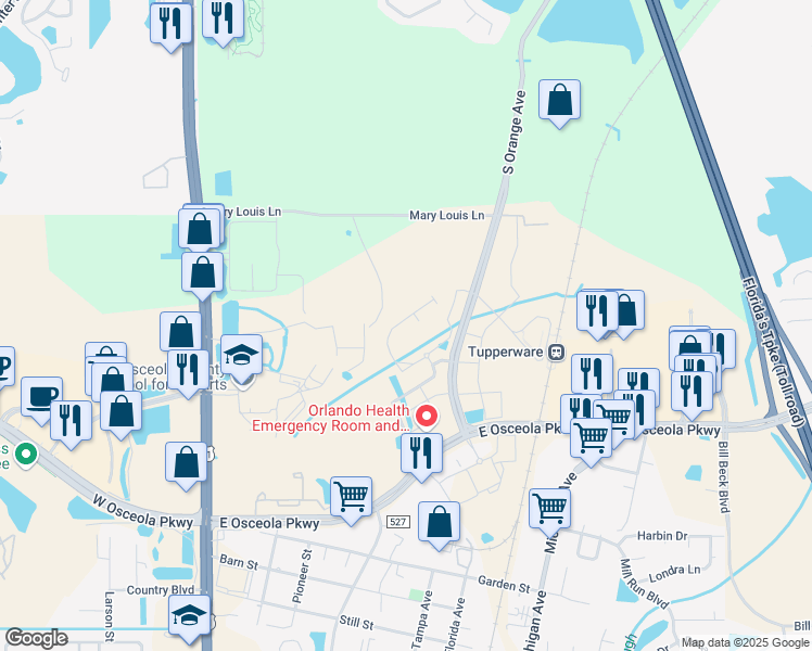 map of restaurants, bars, coffee shops, grocery stores, and more near 1245 Pacifica Drive in Kissimmee