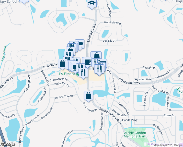 map of restaurants, bars, coffee shops, grocery stores, and more near 2050 East Osceola Parkway in Kissimmee