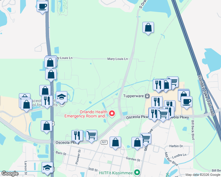 map of restaurants, bars, coffee shops, grocery stores, and more near 1245 Pacifica Drive in Kissimmee