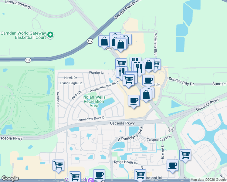 map of restaurants, bars, coffee shops, grocery stores, and more near 4845 Warrior Lane in Kissimmee
