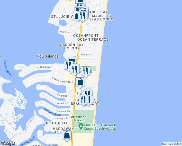 map of restaurants, bars, coffee shops, grocery stores, and more near 2100 North Atlantic Avenue in Cocoa Beach