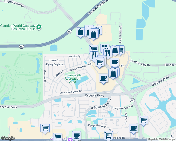 map of restaurants, bars, coffee shops, grocery stores, and more near 4845 Warrior Lane in Kissimmee