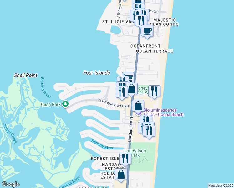map of restaurants, bars, coffee shops, grocery stores, and more near 2021 North Atlantic Avenue in Cocoa Beach