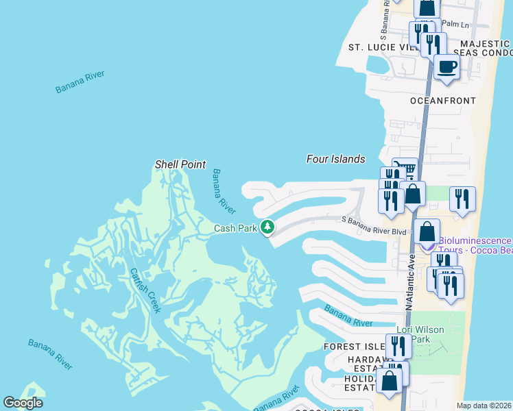 map of restaurants, bars, coffee shops, grocery stores, and more near 189 Saint Croix Avenue in Cocoa Beach