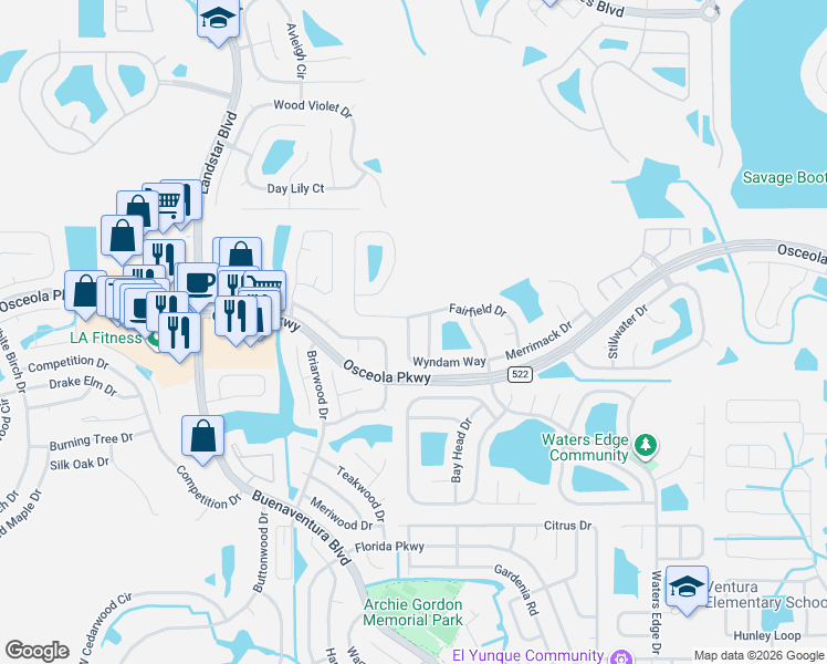 map of restaurants, bars, coffee shops, grocery stores, and more near 3108 Orchard Place in Kissimmee