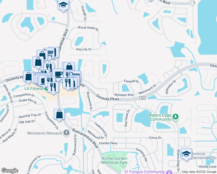 map of restaurants, bars, coffee shops, grocery stores, and more near 166 Sandalwood Drive in Kissimmee