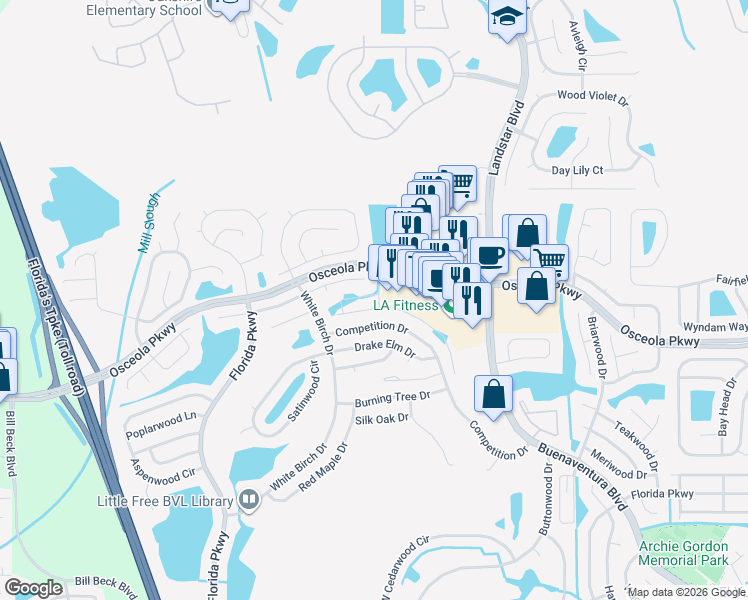 map of restaurants, bars, coffee shops, grocery stores, and more near 1904 East Osceola Parkway in Kissimmee