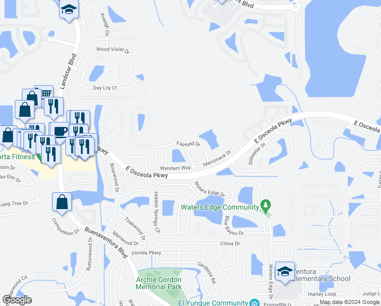 map of restaurants, bars, coffee shops, grocery stores, and more near 3113 Saratoga Drive in Kissimmee