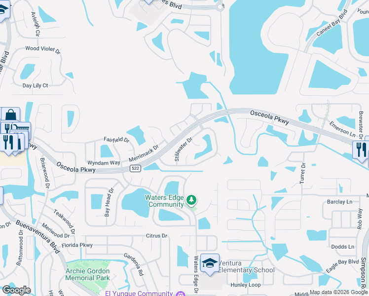 map of restaurants, bars, coffee shops, grocery stores, and more near 2957 Stillwater Drive in Kissimmee