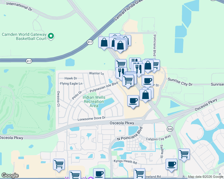 map of restaurants, bars, coffee shops, grocery stores, and more near 4845 Warrior Lane in Kissimmee