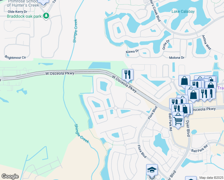 map of restaurants, bars, coffee shops, grocery stores, and more near 3222 Stonehurst Circle in Kissimmee