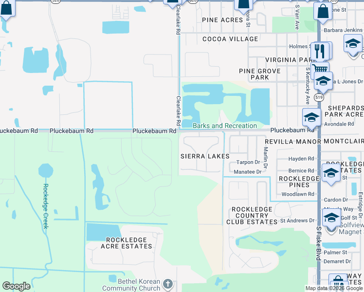 map of restaurants, bars, coffee shops, grocery stores, and more near 1255 Sangria Circle in Rockledge
