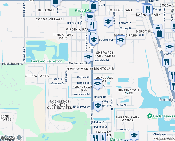 map of restaurants, bars, coffee shops, grocery stores, and more near 1109 South Fiske Boulevard in Rockledge