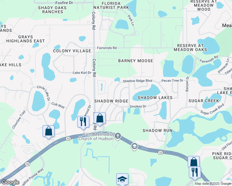 map of restaurants, bars, coffee shops, grocery stores, and more near 12140 Shadow Ridge Boulevard in Hudson