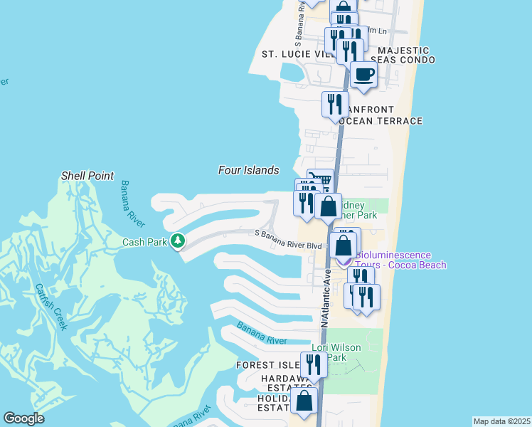 map of restaurants, bars, coffee shops, grocery stores, and more near 125 Bimini Road in Cocoa Beach