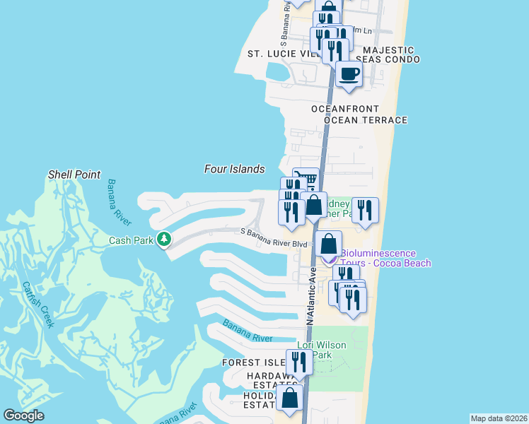 map of restaurants, bars, coffee shops, grocery stores, and more near 200 South Banana River Boulevard in Cocoa Beach
