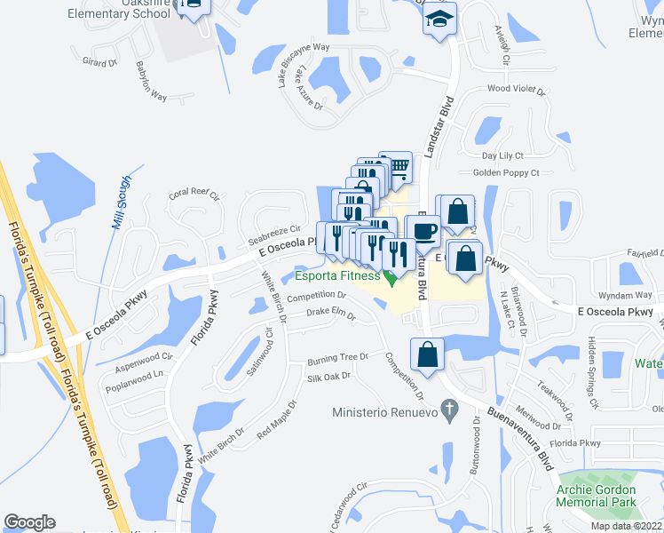 map of restaurants, bars, coffee shops, grocery stores, and more near 1904 East Osceola Parkway in Kissimmee