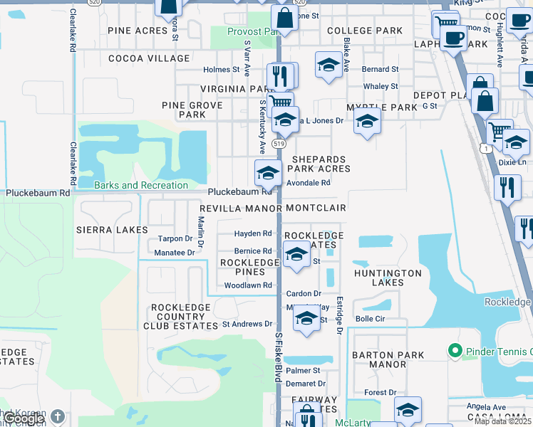 map of restaurants, bars, coffee shops, grocery stores, and more near 1109 South Fiske Boulevard in Rockledge
