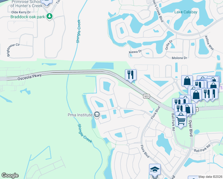 map of restaurants, bars, coffee shops, grocery stores, and more near 3222 Stonehurst Circle in Kissimmee
