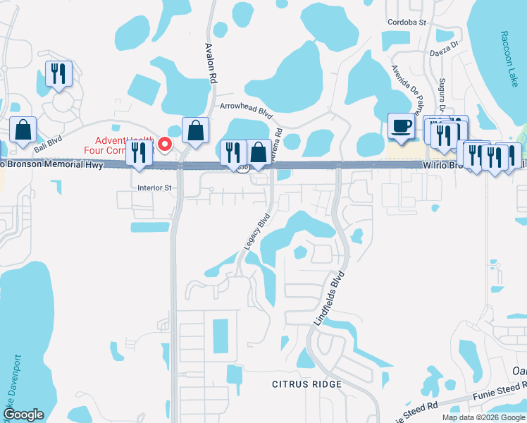map of restaurants, bars, coffee shops, grocery stores, and more near 3212 Cupid Place in Kissimmee