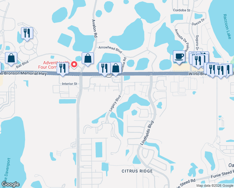 map of restaurants, bars, coffee shops, grocery stores, and more near 3212 Cupid Place in Kissimmee