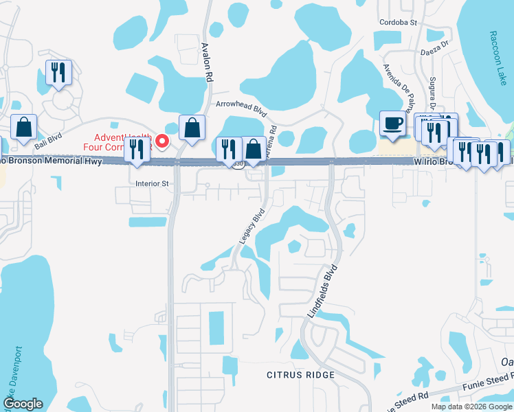 map of restaurants, bars, coffee shops, grocery stores, and more near 3212 Cupid Place in Kissimmee