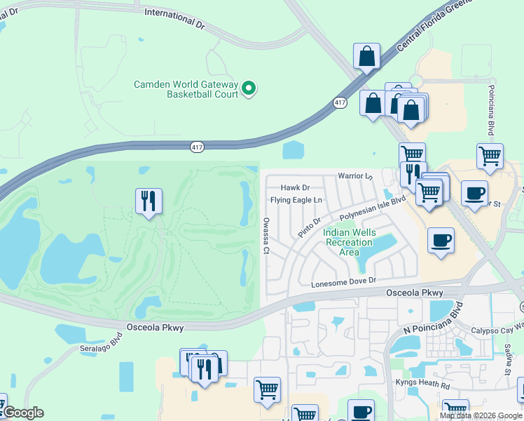 map of restaurants, bars, coffee shops, grocery stores, and more near 3204 Owassa Court in Kissimmee